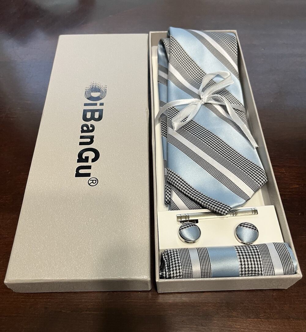 Men’s DiBanGu 4 Pc Silk Necktie Set With Pocket Square Tie Clip Cufflinks